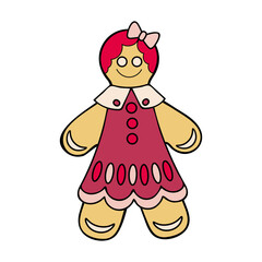 Fototapeta premium Gingerbread man girl in dress. Christmas sweet cookies. Happy New Year. Viva Mangenta. Hand drawn flat illustration.
