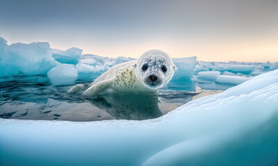 Harp seal pup among the ice in the White Sea. digital art - obrazy, fototapety, plakaty