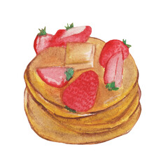Watercolor pancakes with strawberries.Illustration. Can be used for menu, banner, cards, invitations etc.