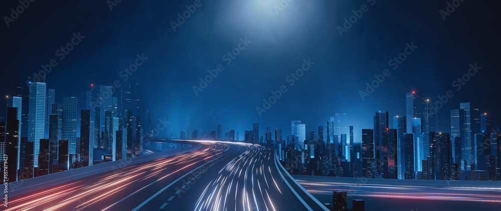 Canvas Prints 3d rendering of trail lights from highway and light reflection from buildings in mega city at night.