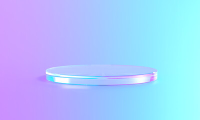 3d glass podium platform for product display on purple blue background with studio lights. Transparent stage base stand. Luxury crystal glass product display.