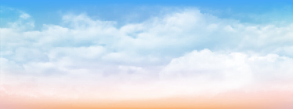 Blue sky and white soft clouds floated in the sky on a clear day. Beautiful air and sunlight with cloud scape colorful. Sunset sky for background. Blue to orange sky background vector illustration.