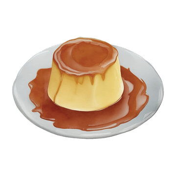 caramel pudding hand drawn with watercolor painting style illustration