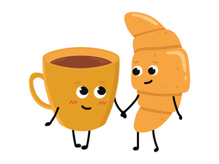 Cute cup of tea and croissant falling in love. Love and Valentine's Day concept. Illustration isolated on white background.