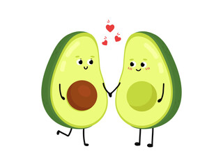 Сute avocado falling in love. Love and Valentine's Day concept. Illustration isolated on white background.