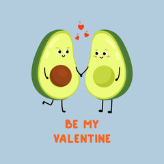 Cute avocado falling in love. Love and Valentine's Day concept. Be my Valentine. Illustration isolated on blue background.