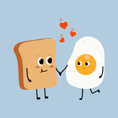 Cute fried egg and bread falling in love. Love and Valentine's Day concept. Illustration isolated on blue background.