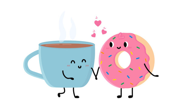 Cute cup of tea and donut falling in love. Love and Valentine's Day concept. Illustration isolated on white background.