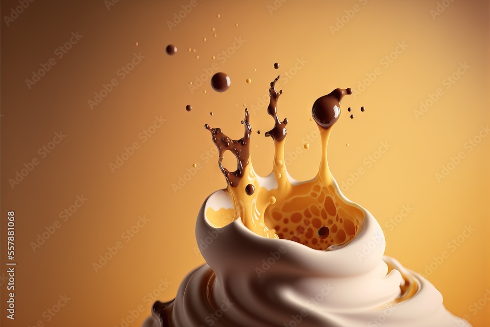 Aufkleber a cup of milk with a splash of liquid on top of it and a splash of chocolate on the bottom of the cu
