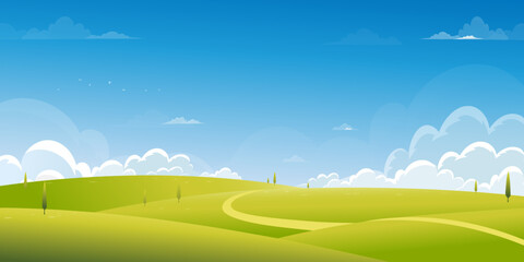 Fototapeta premium Spring Background with Green Grass Field Landscape with Mountain,Blue Sky and Clouds,Panorama Summer rural nature in with grass land on hill.Cartoon vector illustration backdrop banner for Easter
