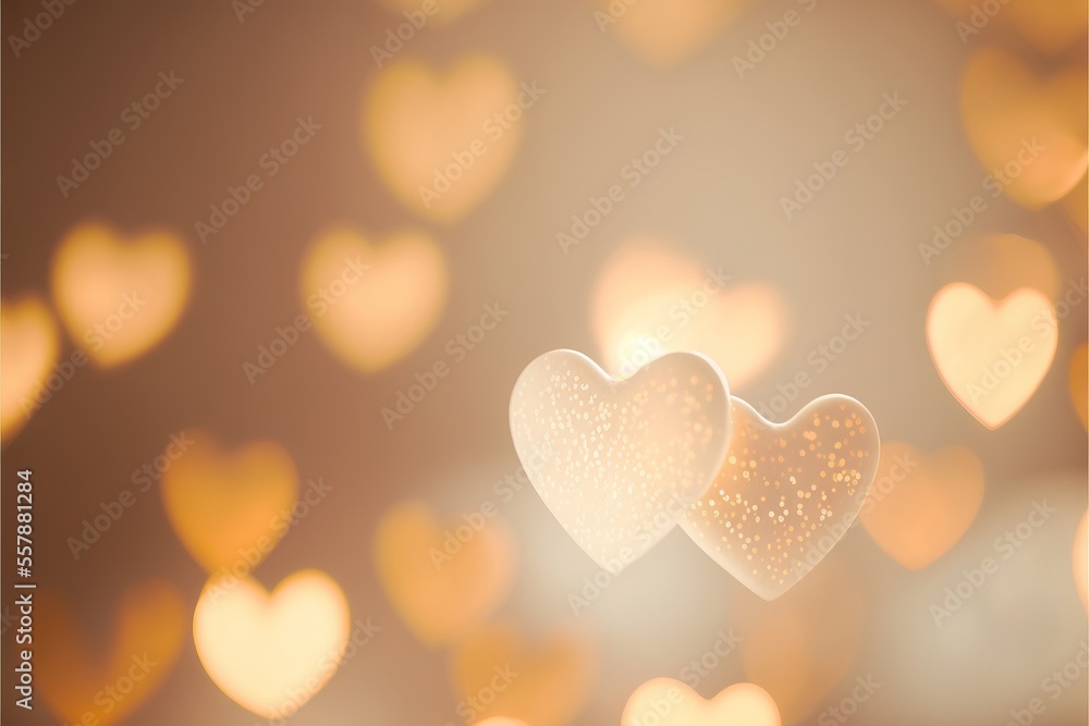 Poster two white hearts hanging from a string in front of a blurry background of hearts in the shape of a heart., generative ai
