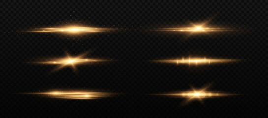 Golden horizontal lens flares pack, laser beams, light flare. Luminous abstract sparkling lines.