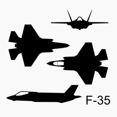 Silhouette illustration of F-35 Lightning II Aircraft. Black and white icon of military aircraft. Vector logo - obrazy, fototapety, plakaty