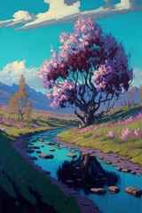 beautiful spring landscape, art illustration