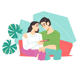Married couple happy with positive pregnancy test result. Couple rejoices in pregnancy, flat cartoon vector illustration isolated on white.