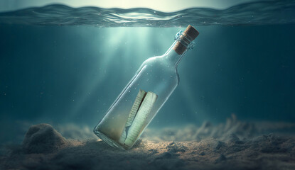 Message in a bottle resting on the sandy bottom of the sea