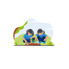 Illustration of two kids planting a small tree in nature for the environment