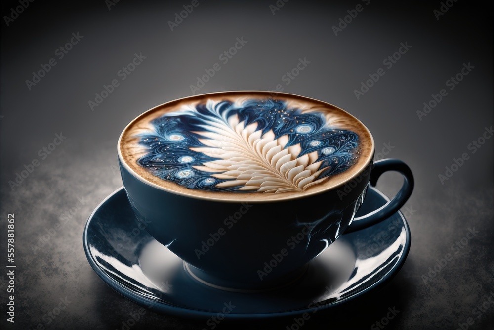 Aufkleber a cup of coffee on a saucer with a leaf design on it and a saucer with a saucer on the side of the c
