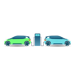 Flat vector illustration of electric car charging at the charger station. Electromobility e-motion concept.

