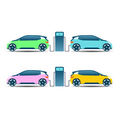 Flat vector illustration of electric car charging at the charger station. Electromobility e-motion concept.
