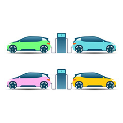 Flat vector illustration of electric car charging at the charger station. Electromobility e-motion concept.
