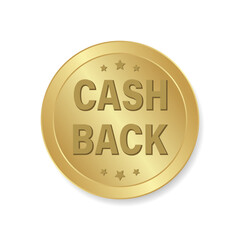 The cashback vector icon is isolated on a white background. Cashback or money back label.  3d gold badge.