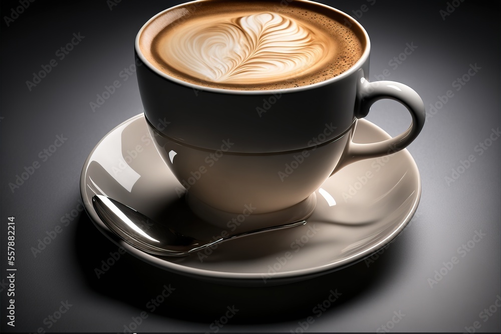 Aufkleber a cup of coffee on a saucer with a spoon on a saucer on a black background with a shadow of a spoon 