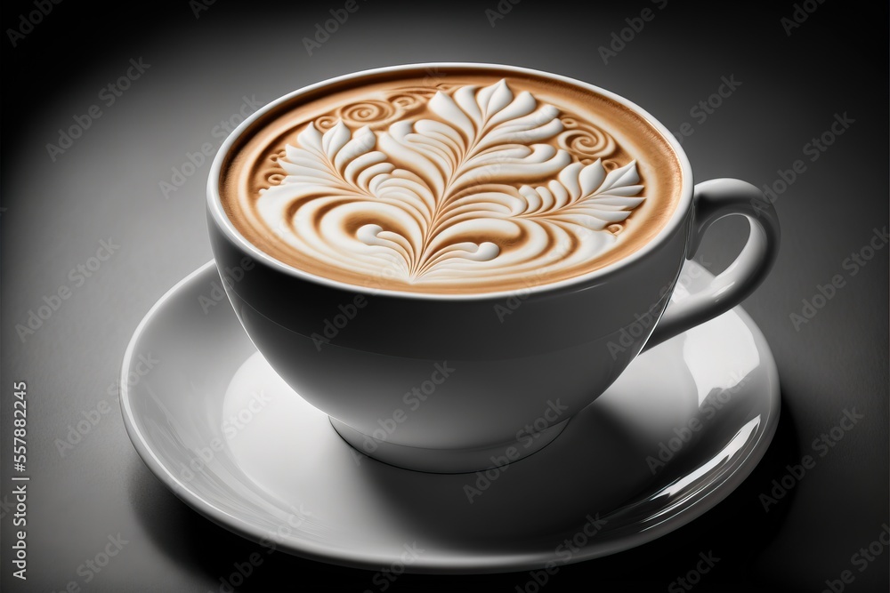Poster a cup of cappuccino on a saucer on a black background with a shadow of a leaf on the top of the cup 