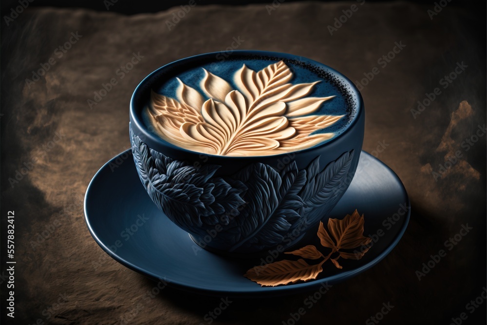 Poster a cup of coffee on a saucer with a leaf on the side of the cup and a leaf on the side of the cup on 