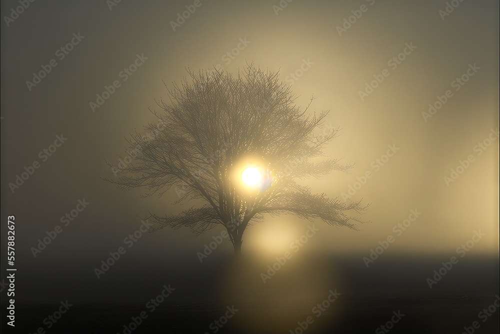 Poster a foggy tree with the sun shining through the branches in the distance with a foggy sky in the backg
