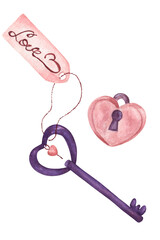 Matching Pink and Velvet Heart-Shaped Lock and Key Isolated on White Background. Valentine themed watercolor pair of illustrations for wallpaper, banner, textile, postcard or wrapping paper
