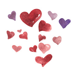 Set of Multicolored Loose Watercolor Hearts Isolated on White Background. Pink, Red and Velvet. Valentine’s watercolor illustrations for wallpaper, banner, textile, postcard or wrapping paper