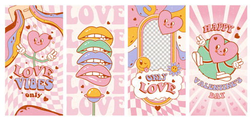 Valentine's Day in the groovy style of the 70s. Love vibes. Funny heart, lips, love in trendy retro psychedelic cartoon style. Template for the design of social networks.
