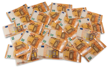 Banknotes of fifty euro scattered isolated on white in top view cut out on transparent, financial concept and textures patterns