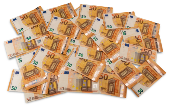 Banknotes of fifty euro scattered isolated on white in top view cut out on transparent, financial concept and textures patterns