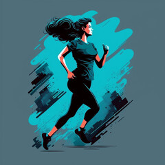 Obraz premium a Woman running in a blue shirt and black shorts, Generative AI, vector art.