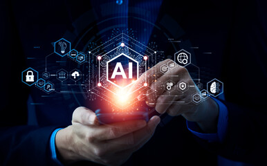 Fototapeta na wymiar Businessman touching the brain working of Artificial Intelligence (AI)