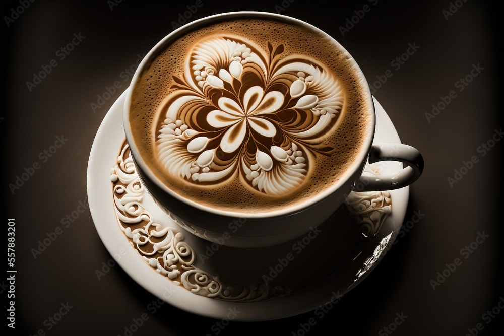 Aufkleber a cup of coffee with a saucer on a saucer on a black background with a shadow of a flower in the mid