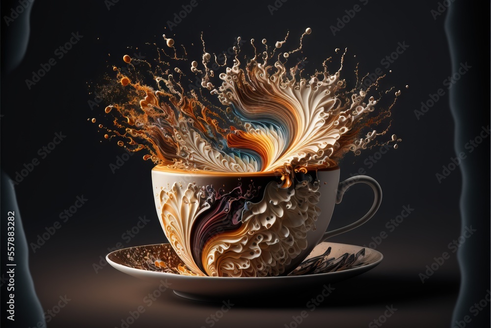 Aufkleber a coffee cup with a splash of liquid on it and a saucer with a saucer on the saucer and saucer on th