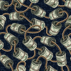 Money seamless pattern with rolls of 100 dollars bills bounded by jute rope on dark blue grunge background with small abstract particles like blobs, stains. Detailed vintage vector illustration