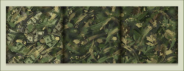 Set of green camouflage patterns with grunge paint brush strokes, halftone shapes, leaves, dollar banknotes. Dense composition with overlapping elements. Good for t-shirt design, textile, sport goods