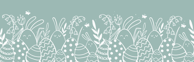 Cute hand drawn Easter horizontal seamless pattern with bunnies, flowers, easter eggs, beautiful background, great for Easter Cards, banner, textiles, wallpapers - vector design - obrazy, fototapety, plakaty