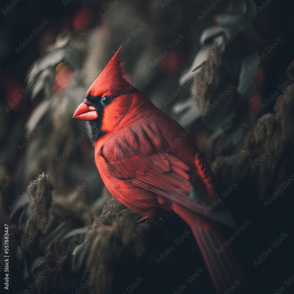 Poster a red bird is sitting on a tree branch in a forest of mossy branches and berries in the foreground.,