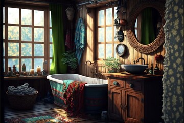 Fototapeta na wymiar Bohemian and rustic style bathroom interior with hygge 