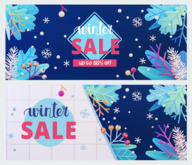 3d Render Winter Sale Banner. Brochure with Winter Leaves, Branches and Berries on Dark Blue Background