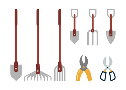 Instruments and tools for gardening, isolated equipment for caring for soil. Rake and spade or shovel, scissors for trimming and cutting. Vector in flat style