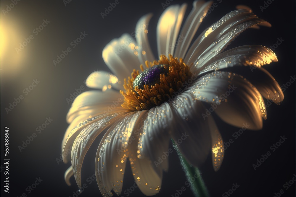 Poster a close up of a flower with water droplets on it's petals and a dark background with a light., gener