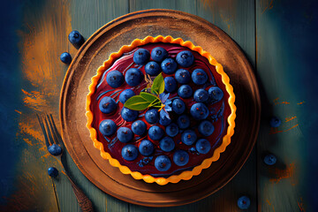 Blueberry tart on blue wooden background sweet food
