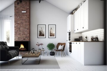 Minimalist style living room with kitchen interior
