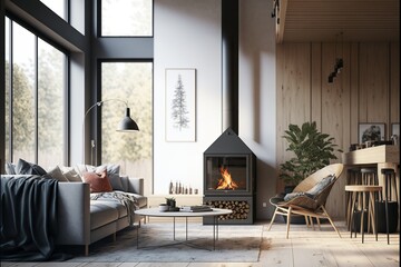 Japandi style cozy living room interior with glass walls and fireplace 